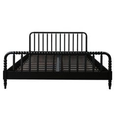 a black metal bed frame with wooden slats