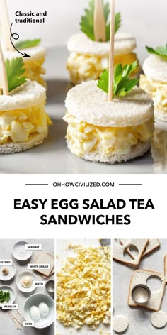 egg salad tea sandwiches with wooden skewers on them and the title above it reads, easy egg salad tea sandwiches