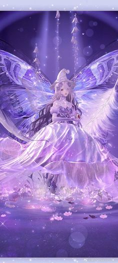 a fairy sitting on the ground with her wings spread out and lights shining in the background