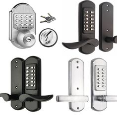 an assortment of different types of door handles and knobs with locks on each side