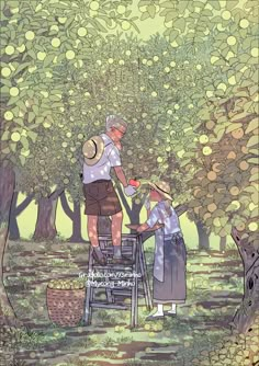 an old man and woman are standing in the apple orchard, picking apples from trees