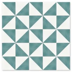 a blue and white tile pattern with triangles on the bottom, in different shades of teal