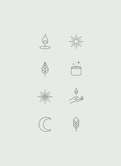 the icons are drawn in thin lines and have different shapes, sizes, and colors