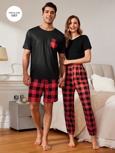 Multicolor  Collar   A cuadros Sets Pijama Embellished Elástico Ligero Men Loungewear, Plaid Pajama, Brand Ideas, Home Clothing, Rain Gear, Slim Fit Top, Couple Matching, Costume Wigs, Dark Jeans