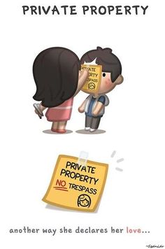 an image of a man and woman kissing in front of a sign that says private property