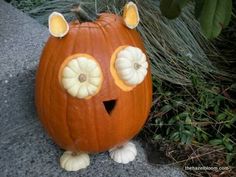 a carved pumpkin with an animal's face on it sitting in front of some plants