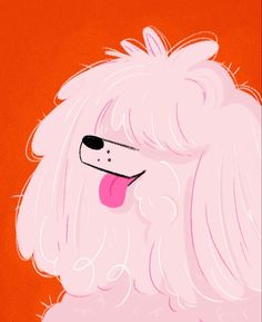 a drawing of a pink poodle with its tongue hanging out, on an orange background