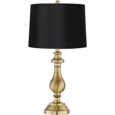 a gold table lamp with a black shade on the base and a black lampshade