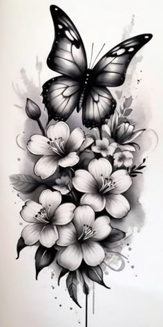 a black and white drawing of flowers with butterflies