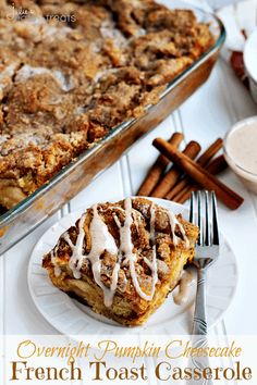 there is a piece of french toast casserole with icing on the plate