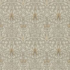 an old wallpaper pattern with gold and white flowers on the side, in shades of beige