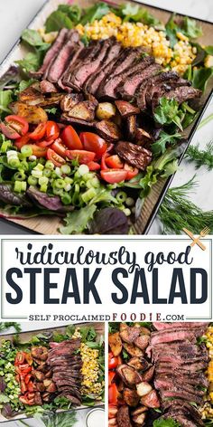 Steak Salad, made with marinated flat iron steak, roasted potatoes and corn, baby greens, and homemade ranch dressing is a delicious complete dinner recipe! #steaksalad #dressing #recipe #ranch #easy #marinade #grilled Filet Mignon Salad Recipe, Steak Pasta Salad Recipes, Steak Tip Salad, Steak And Salad Recipes, Farm Fresh Dinner Recipes, Steak Corn Salad, Healthy Salad For Dinner, Steak And Potato Salad, Best Steak Salad Recipe