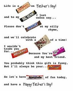 some candy bars are flying in the air with words above them that read, life is on father's day