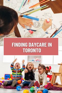 two children sitting on the floor with their hands up in front of them and text reading finding daycare in toronto