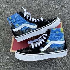 "These shoes have the famous painting \"Starry Night\" by Van Gogh on sides of each shoe. Vans Sk8 Hi.  We buy each pair of blank shoes BRAND NEW from the Vans retail store.  The ink is permanent and will never come off. Made in the USA. This price includes everything: shoes, artwork, and shipping. Thanks for stopping by our Etsy shop! Please message us with any questions! Sizes listed are in US sizing scale. If you have any issues with your order, please feel free to reach out to us and we will Painted Vans High Tops, Painted Vans Shoes, Artistic Blue Sneakers With Round Toe, Artistic Blue Sneakers With Rubber Sole, Vans High-top Custom Sneakers For Sports, Artistic Black Sneakers With Custom Artwork, Vans Sk8 Hi Custom, Vans Custom Black High-top Sneakers, Urban High-top Custom Sneakers For Skateboarding