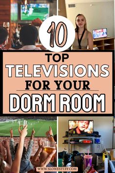 Images of college dorms with college students watching TV or having a TV in their dorm room with heading 10 best tv for a dorm room and website www.slowestuff.com listed Dorm Room Tv Stand Ideas, Dorm Tv, Room Ideas Dorm, Portable Tv Stand