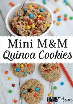 mini m & m quinoa cookies in a white bowl with candy on the side