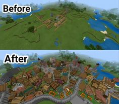 the before and after pictures of an animated city with lots of trees, water and buildings