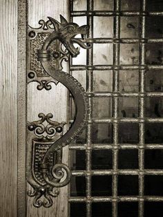 an iron door handle on a wooden door