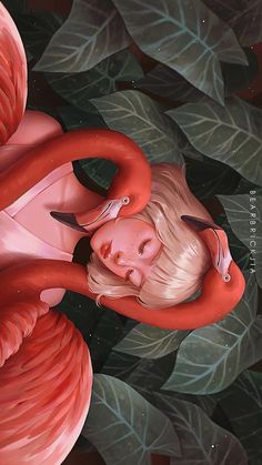 a painting of a woman laying on top of a pink flamingo with leaves around her