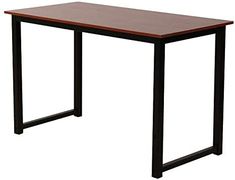 a wooden table with black metal legs and a brown top on an isolated white background