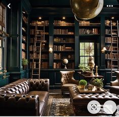 a living room filled with lots of brown furniture and bookshelves full of books