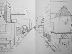 two drawings of buildings in the same direction