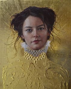 a painting of a woman wearing a gold dress with pearls on her neck and necklace