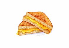 two slices of toasted cheese sandwich on white paper with watercolor pencil drawing effect