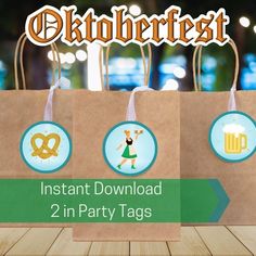 two paper bags with the words oktoberfest on them and an image of beer