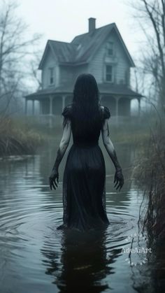 a woman in a black dress is standing in the water near a house with a creepy look on her face