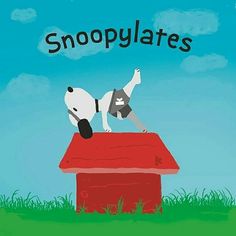 there is a dog that is standing on top of a roof with the words snoopyplates above it