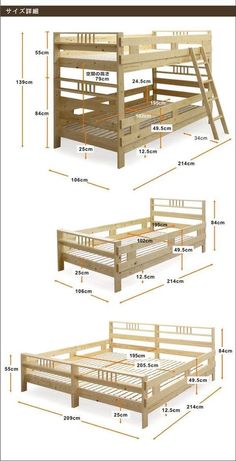 bunk beds with stairs and ladders are shown in three different sizes, including the bottom one