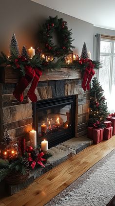 a fireplace decorated for christmas with candles and presents