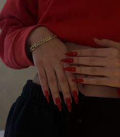 Red Long Almond Nails, Red French Tip Nails Coffin, Coffin Red Nails, Red Coffin Nails, Red Bottom Nails, French Tip Pedicure, Red Stiletto Nails, Grey Acrylic Nails, Long Red Nails