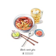 a watercolor painting of food and drinks