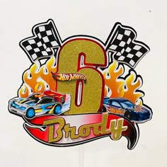 the number six is decorated with cars and flames