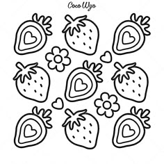 strawberrys with hearts and flowers are drawn on a white background