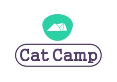 the logo for cat camp with a tent in the background and an arrow pointing to it