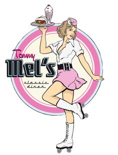 a woman in pink is holding a tray with food on it and the words tonyy mel's