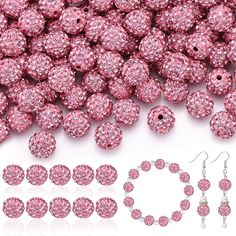 pink beads and earrings are shown on a white background, with the bead in the middle