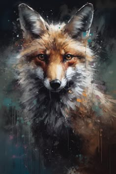 a painting of a fox on a black background