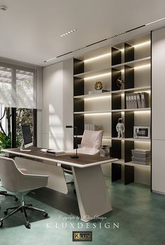 an office with a desk, chair and bookshelf in the middle of it