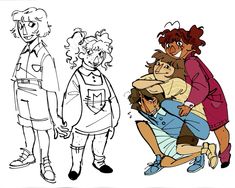 some people are hugging each other in this cartoon character's storyboard style drawing