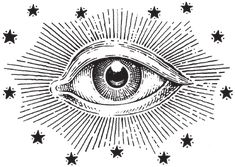 an all seeing eye surrounded by stars, vintage line drawing or engraving style stock illustration