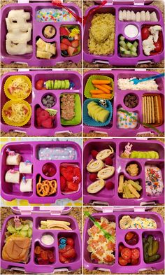 several pictures of different types of food in purple trays with dividers on them