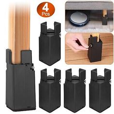 six pieces of black plastic storage boxes with wooden handles and four different types of lids