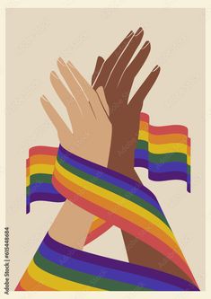 two hands holding each other over a rainbow flag