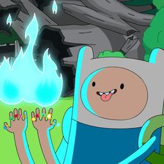 adventure time finn is sitting in a chair with his hands up to the sky and fire coming from behind him