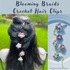 the back of a woman's head with flowers in her hair and text overlay that reads, blooming braids crochet hair clips